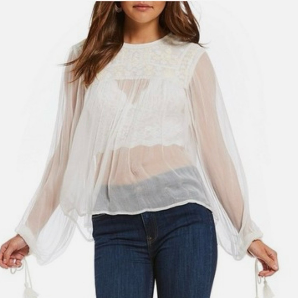 NWT Free People Retro Femme Sheer Blouse in Ivory ✨